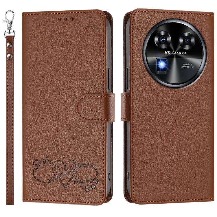 For Oukitel C37 Happy Heart Pattern Magnetic Closure Vegan Leather Phone Case with Wrist Strap(Br...
