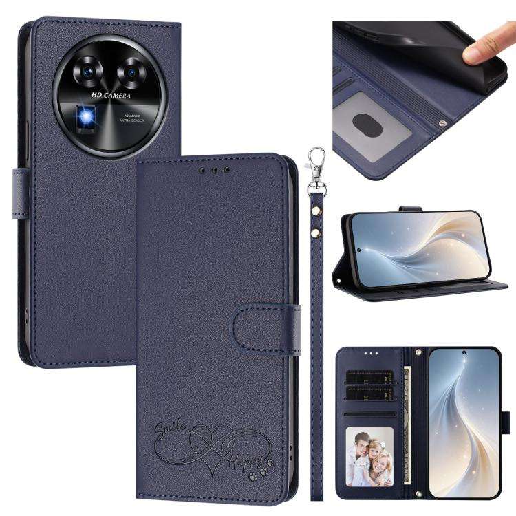 For Oukitel C37 Happy Heart Pattern Magnetic Closure Vegan Leather Phone Case with Wrist Strap(Blue)