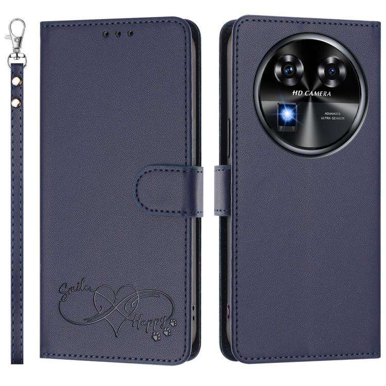 For Oukitel C37 Happy Heart Pattern Magnetic Closure Vegan Leather Phone Case with Wrist Strap(Blue)
