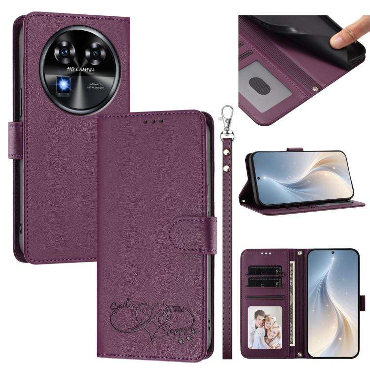 For Oukitel C37 Happy Heart Pattern Magnetic Closure Vegan Leather Phone Case with Wrist Strap(Vi...