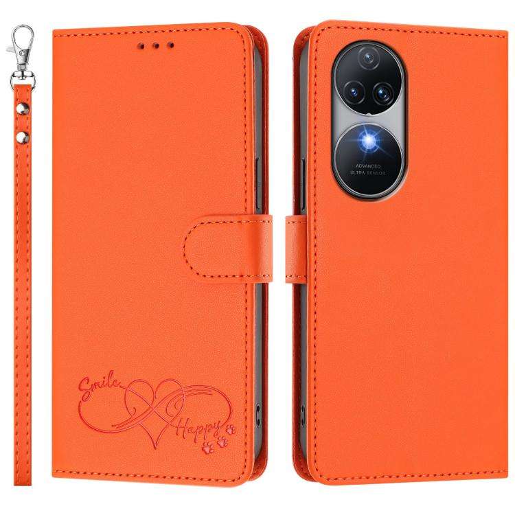 For Oukitel C38 Happy Heart Pattern Magnetic Closure Vegan Leather Phone Case with Wrist Strap(Or...