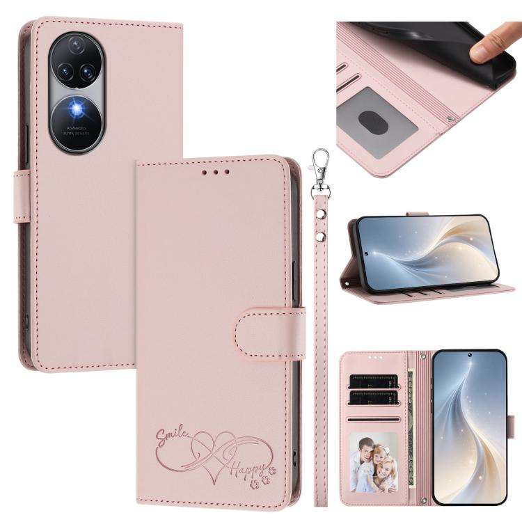 For Oukitel C38 Happy Heart Pattern Magnetic Closure Vegan Leather Phone Case with Wrist Strap(Pink)