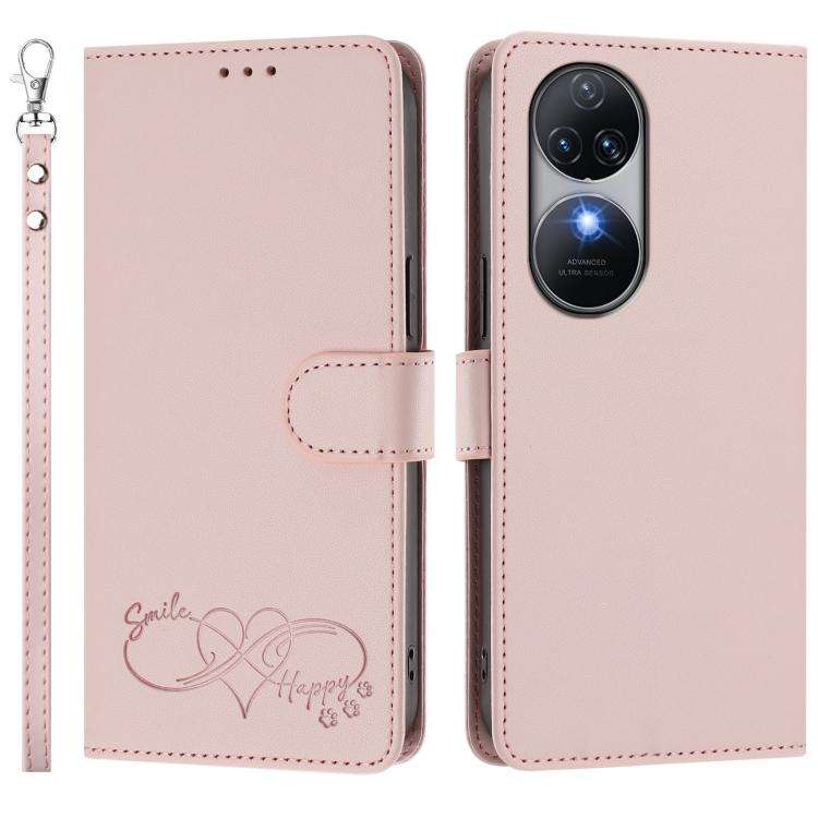 For Oukitel C38 Happy Heart Pattern Magnetic Closure Vegan Leather Phone Case with Wrist Strap(Pink)