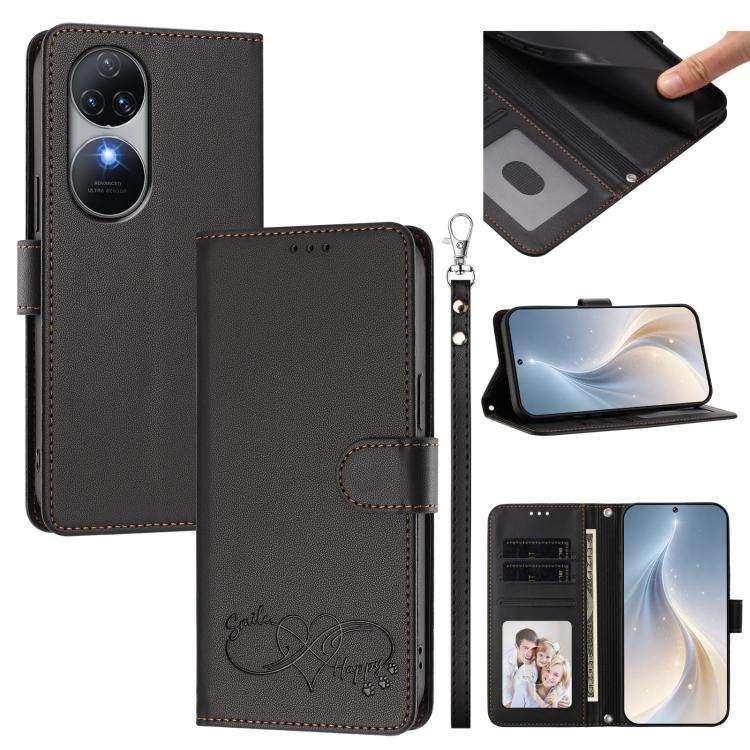For Oukitel C38 Happy Heart Pattern Magnetic Closure Vegan Leather Phone Case with Wrist Strap(Bl...