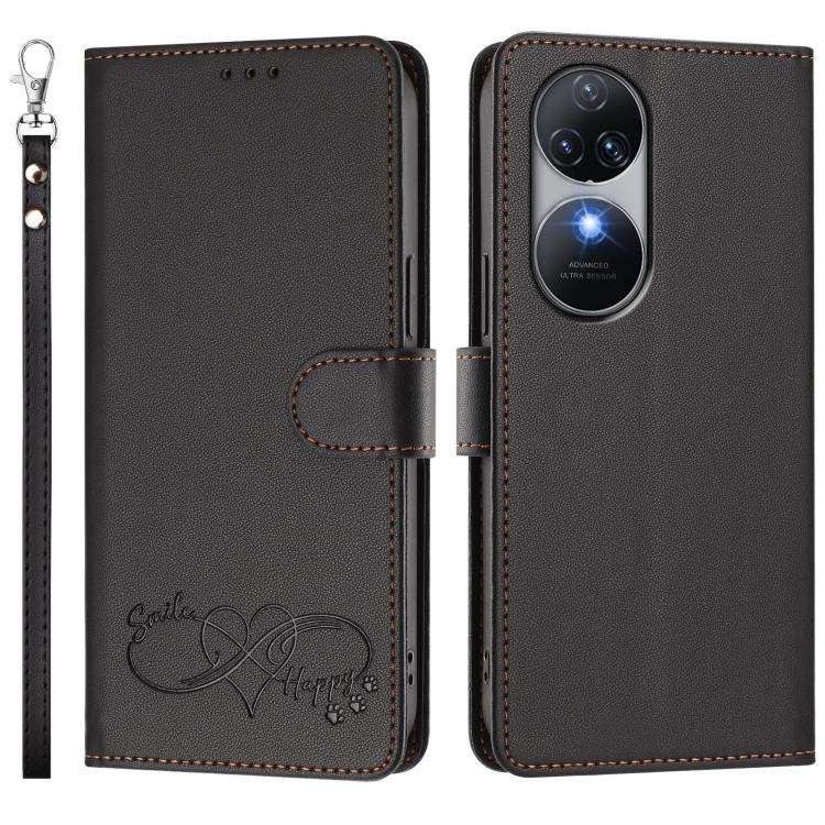 For Oukitel C38 Happy Heart Pattern Magnetic Closure Vegan Leather Phone Case with Wrist Strap(Bl...