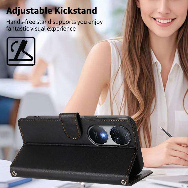 For Oukitel C38 Happy Heart Pattern Magnetic Closure Vegan Leather Phone Case with Wrist Strap(Bl...
