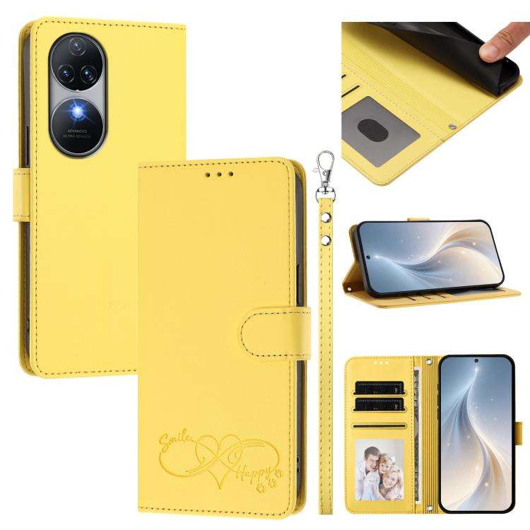 For Oukitel C38 Happy Heart Pattern Magnetic Closure Vegan Leather Phone Case with Wrist Strap(Ye...