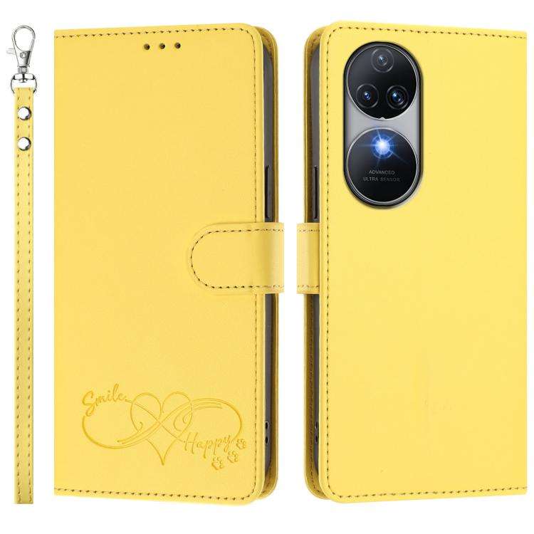 For Oukitel C38 Happy Heart Pattern Magnetic Closure Vegan Leather Phone Case with Wrist Strap(Ye...