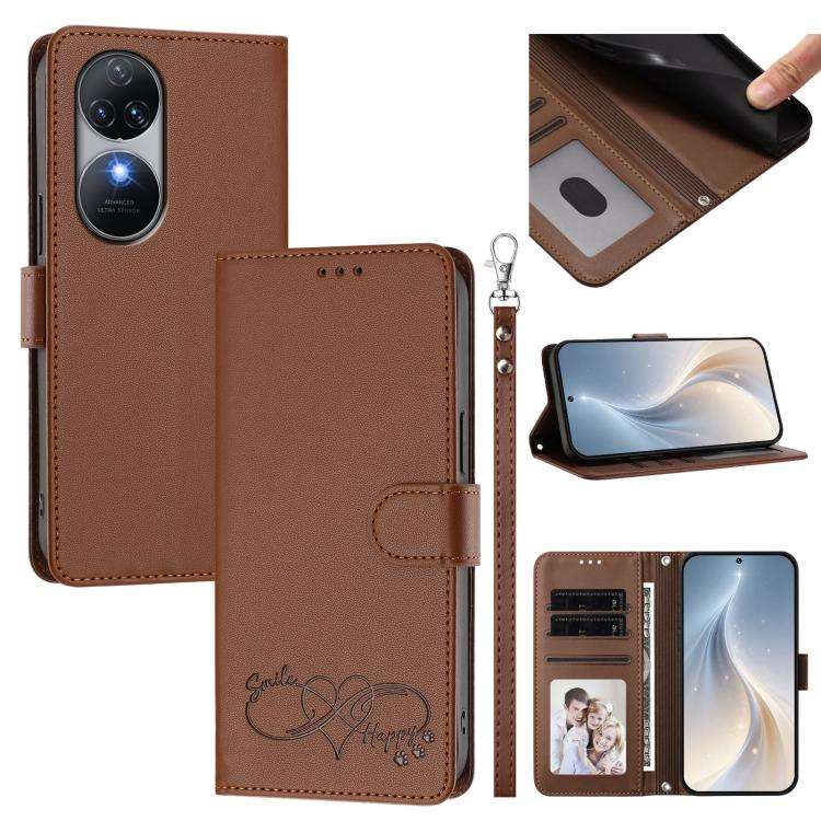 For Oukitel C38 Happy Heart Pattern Magnetic Closure Vegan Leather Phone Case with Wrist Strap(Br...