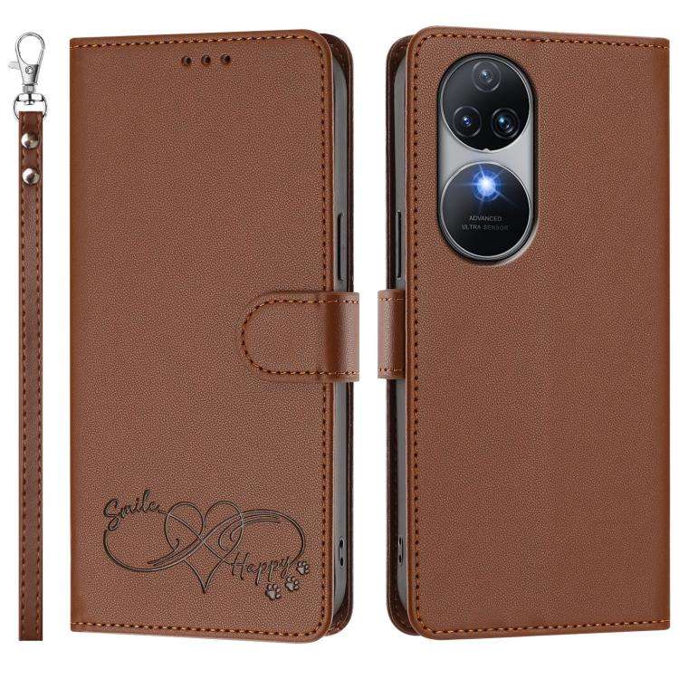 For Oukitel C38 Happy Heart Pattern Magnetic Closure Vegan Leather Phone Case with Wrist Strap(Br...