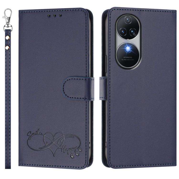 For Oukitel C38 Happy Heart Pattern Magnetic Closure Vegan Leather Phone Case with Wrist Strap(Blue)