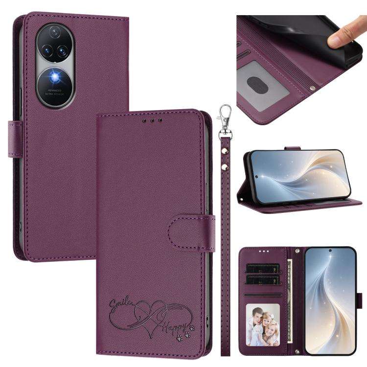 For Oukitel C38 Happy Heart Pattern Magnetic Closure Vegan Leather Phone Case with Wrist Strap(Vi...