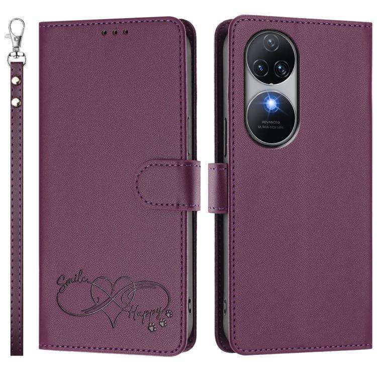 For Oukitel C38 Happy Heart Pattern Magnetic Closure Vegan Leather Phone Case with Wrist Strap(Vi...