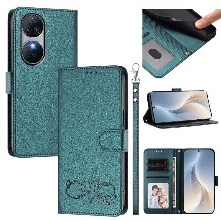 For Oukitel C38 Happy Heart Pattern Magnetic Closure Vegan Leather Phone Case with Wrist Strap(Gr...