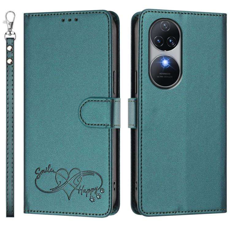 For Oukitel C38 Happy Heart Pattern Magnetic Closure Vegan Leather Phone Case with Wrist Strap(Gr...