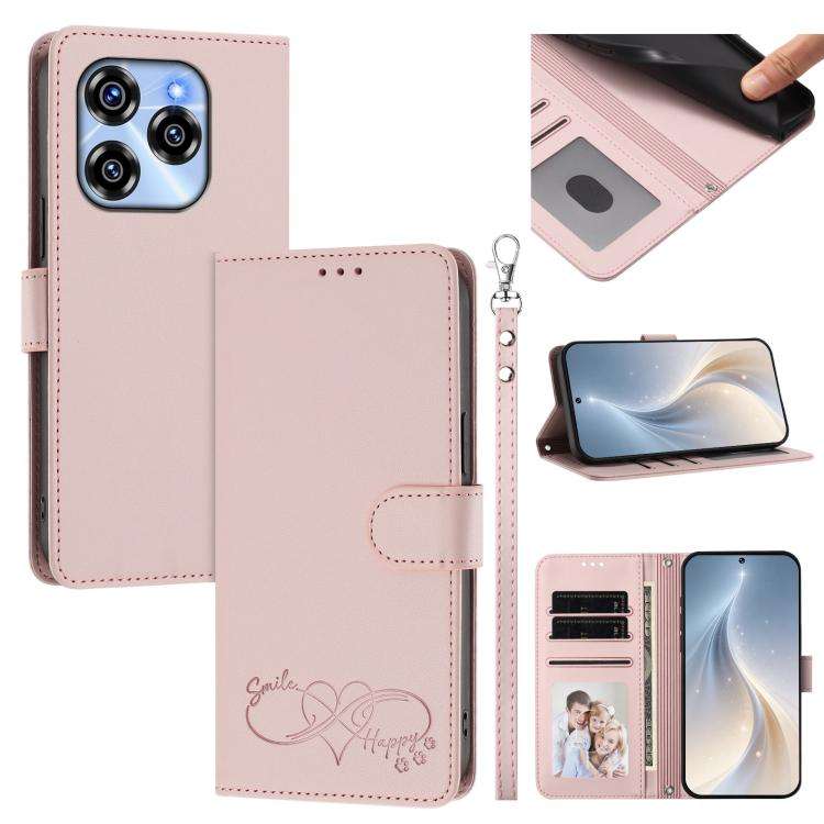 For Oukitel C50 Happy Heart Pattern Magnetic Closure Vegan Leather Phone Case with Wrist Strap(Pink)