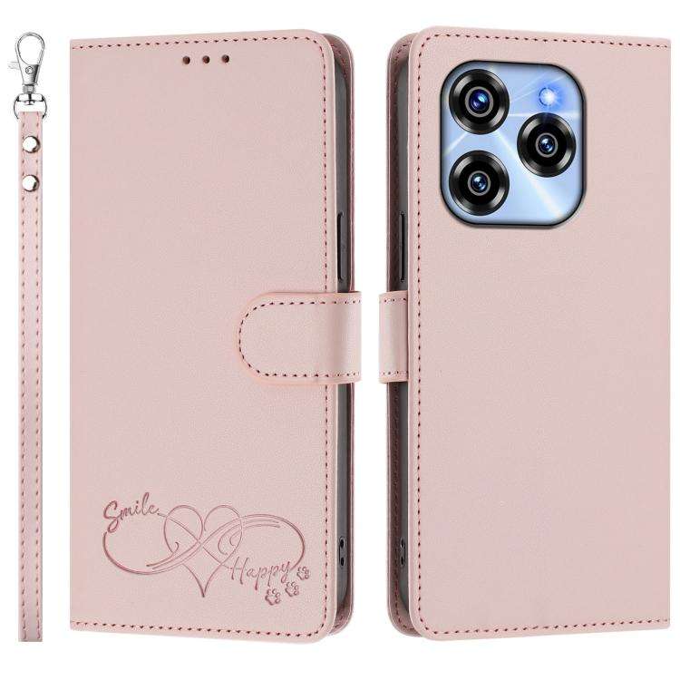 For Oukitel C50 Happy Heart Pattern Magnetic Closure Vegan Leather Phone Case with Wrist Strap(Pink)