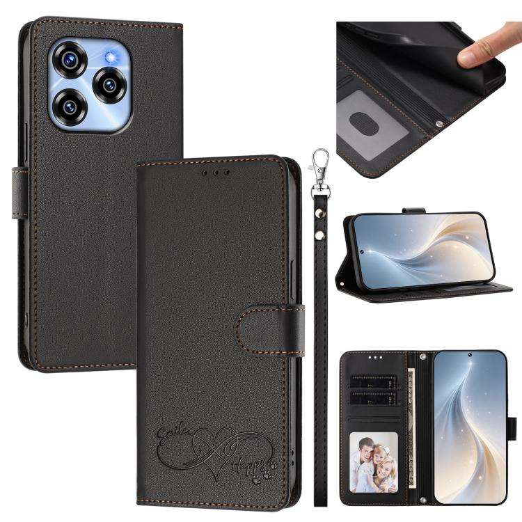 For Oukitel C50 Happy Heart Pattern Magnetic Closure Vegan Leather Phone Case with Wrist Strap(Bl...