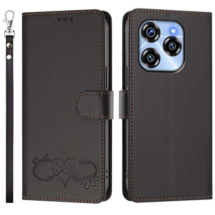For Oukitel C50 Happy Heart Pattern Magnetic Closure Vegan Leather Phone Case with Wrist Strap(Bl...