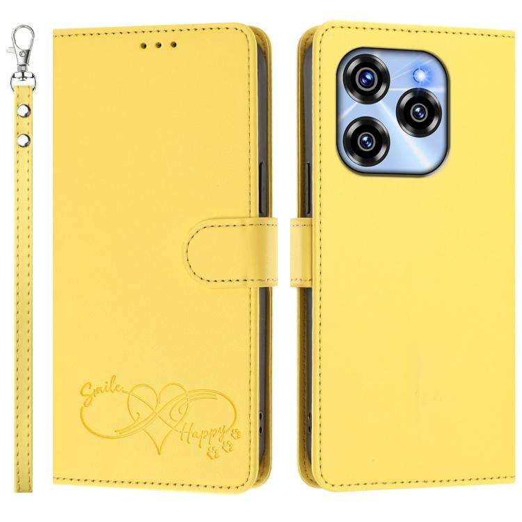 For Oukitel C50 Happy Heart Pattern Magnetic Closure Vegan Leather Phone Case with Wrist Strap(Ye...