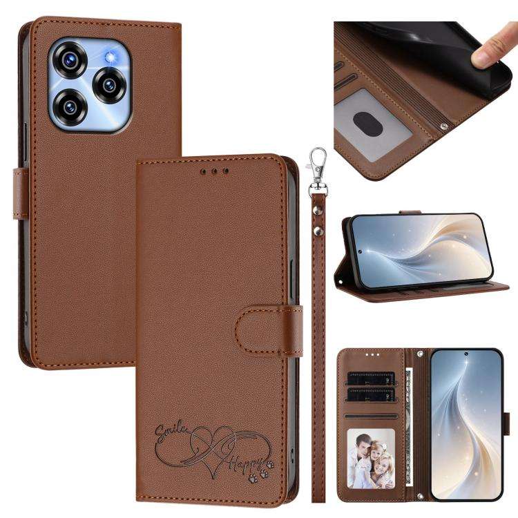 For Oukitel C50 Happy Heart Pattern Magnetic Closure Vegan Leather Phone Case with Wrist Strap(Br...