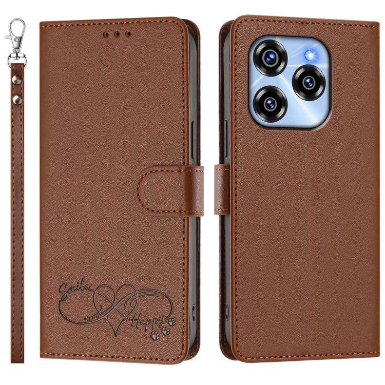 For Oukitel C50 Happy Heart Pattern Magnetic Closure Vegan Leather Phone Case with Wrist Strap(Br...