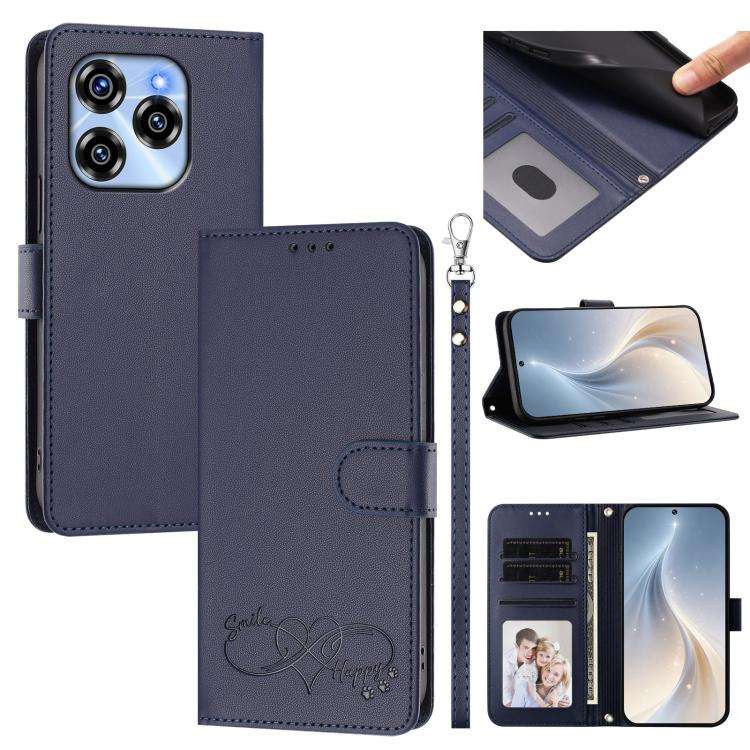 For Oukitel C50 Happy Heart Pattern Magnetic Closure Vegan Leather Phone Case with Wrist Strap(Blue)