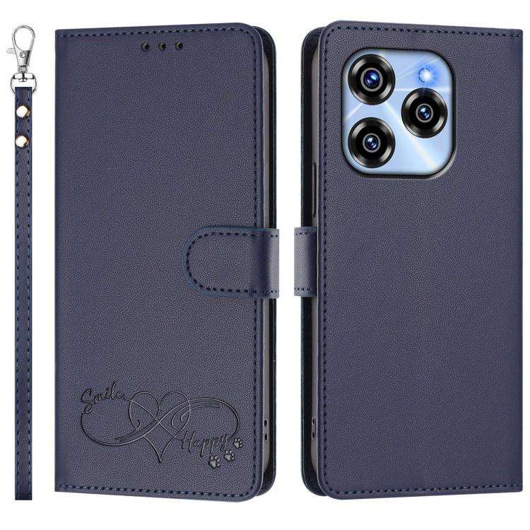 For Oukitel C50 Happy Heart Pattern Magnetic Closure Vegan Leather Phone Case with Wrist Strap(Blue)