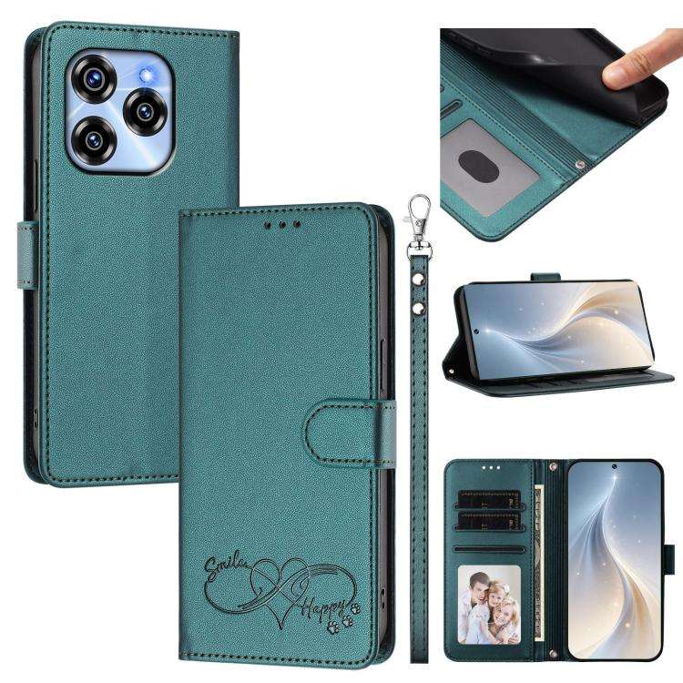 For Oukitel C50 Happy Heart Pattern Magnetic Closure Vegan Leather Phone Case with Wrist Strap(Gr...