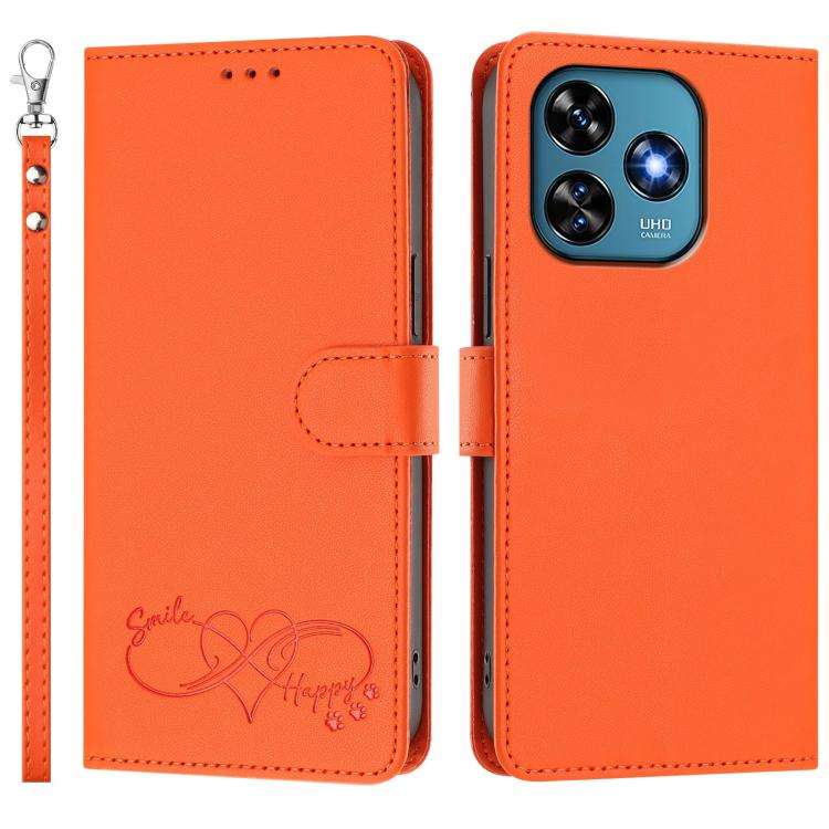 For Oukitel C51 Happy Heart Pattern Magnetic Closure Vegan Leather Phone Case with Wrist Strap(Or...