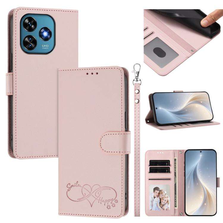 For Oukitel C51 Happy Heart Pattern Magnetic Closure Vegan Leather Phone Case with Wrist Strap(Pink)