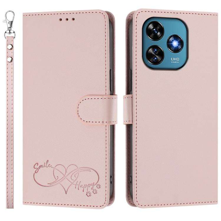 For Oukitel C51 Happy Heart Pattern Magnetic Closure Vegan Leather Phone Case with Wrist Strap(Pink)