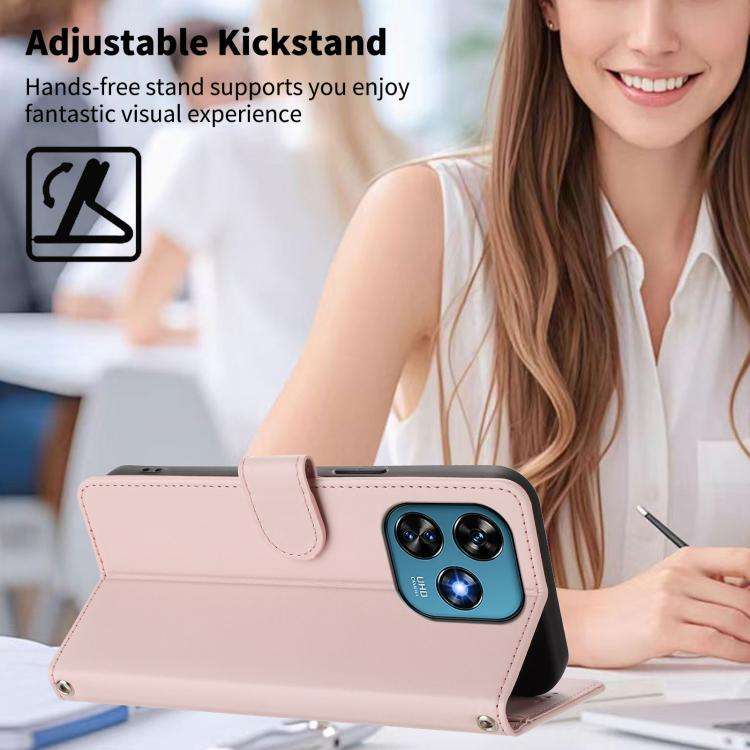 For Oukitel C51 Happy Heart Pattern Magnetic Closure Vegan Leather Phone Case with Wrist Strap(Pink)