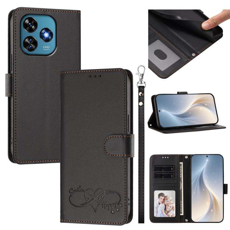 For Oukitel C51 Happy Heart Pattern Magnetic Closure Vegan Leather Phone Case with Wrist Strap(Bl...