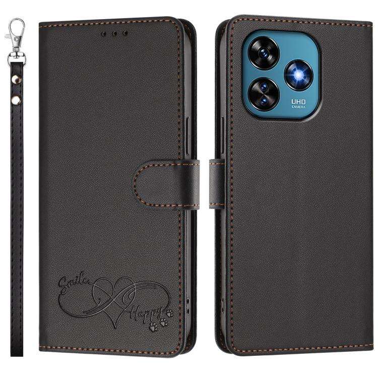 For Oukitel C51 Happy Heart Pattern Magnetic Closure Vegan Leather Phone Case with Wrist Strap(Bl...