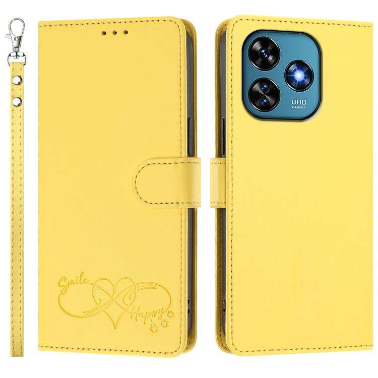 For Oukitel C51 Happy Heart Pattern Magnetic Closure Vegan Leather Phone Case with Wrist Strap(Ye...