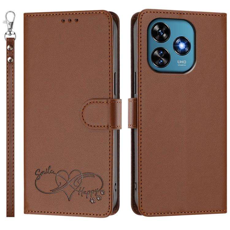 For Oukitel C51 Happy Heart Pattern Magnetic Closure Vegan Leather Phone Case with Wrist Strap(Br...