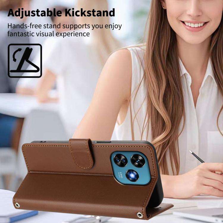 For Oukitel C51 Happy Heart Pattern Magnetic Closure Vegan Leather Phone Case with Wrist Strap(Br...