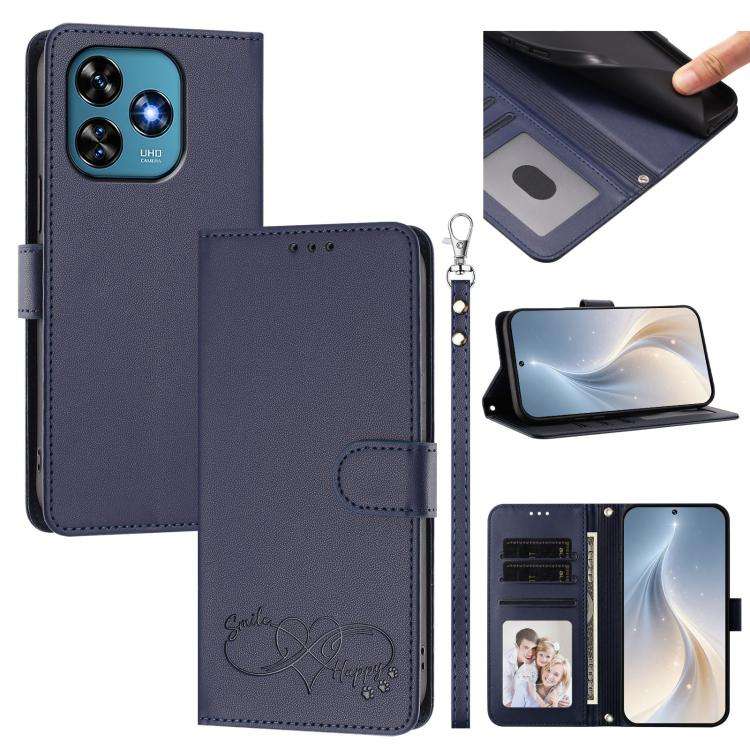 For Oukitel C51 Happy Heart Pattern Magnetic Closure Vegan Leather Phone Case with Wrist Strap(Blue)