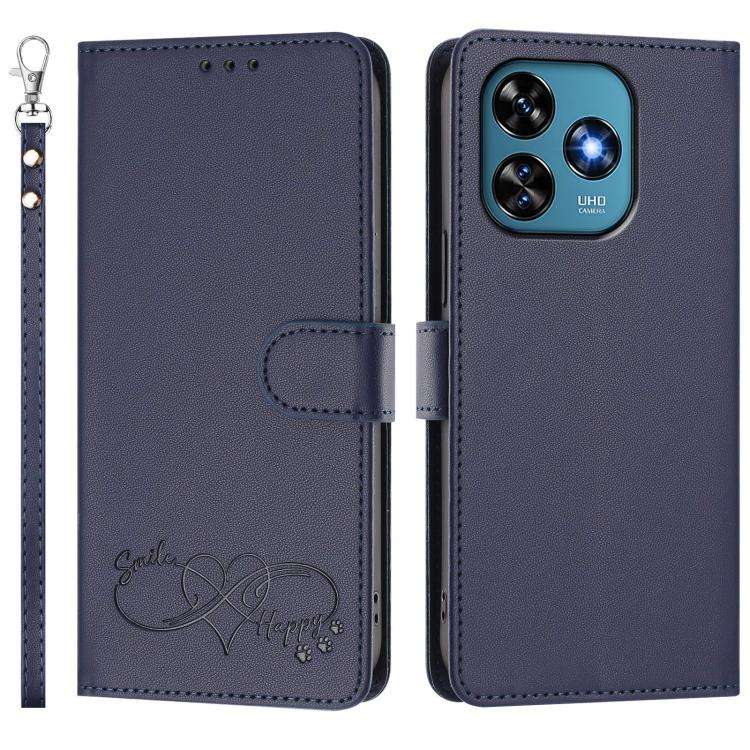 For Oukitel C51 Happy Heart Pattern Magnetic Closure Vegan Leather Phone Case with Wrist Strap(Blue)