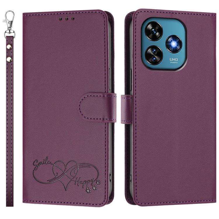 For Oukitel C51 Happy Heart Pattern Magnetic Closure Vegan Leather Phone Case with Wrist Strap(Vi...