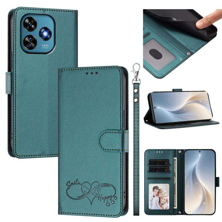 For Oukitel C51 Happy Heart Pattern Magnetic Closure Vegan Leather Phone Case with Wrist Strap(Gr...