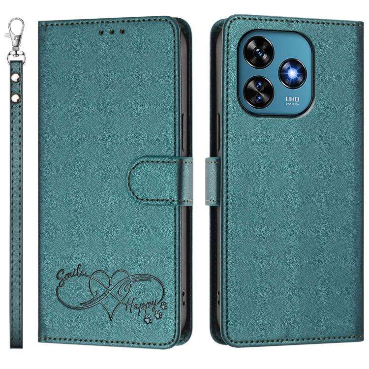 For Oukitel C51 Happy Heart Pattern Magnetic Closure Vegan Leather Phone Case with Wrist Strap(Gr...