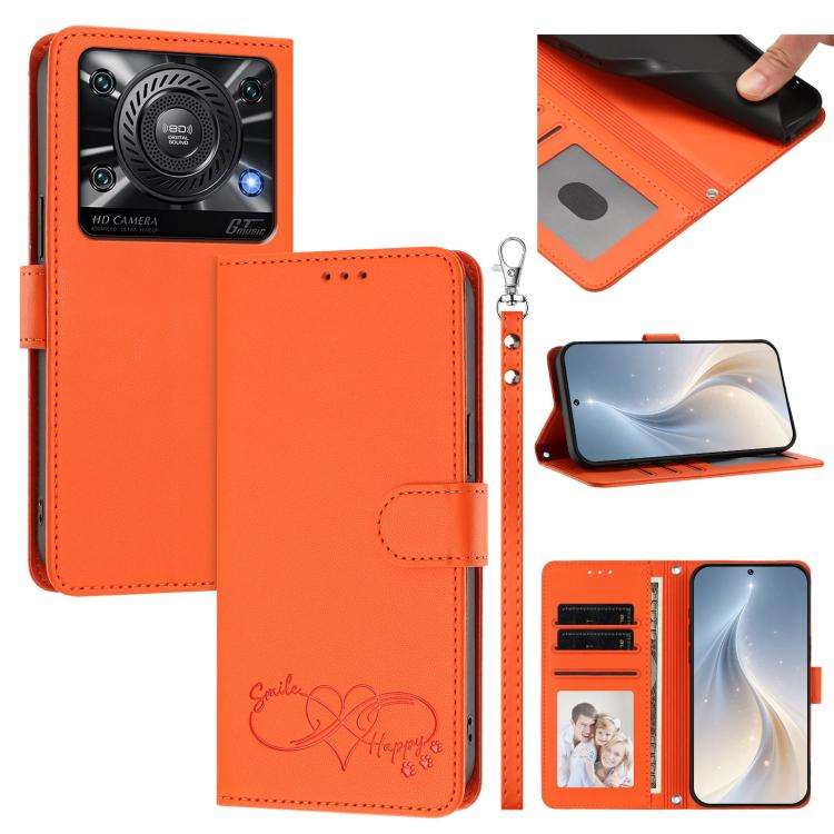 For Oukitel C60 Happy Heart Pattern Magnetic Closure Vegan Leather Phone Case with Wrist Strap(Or...