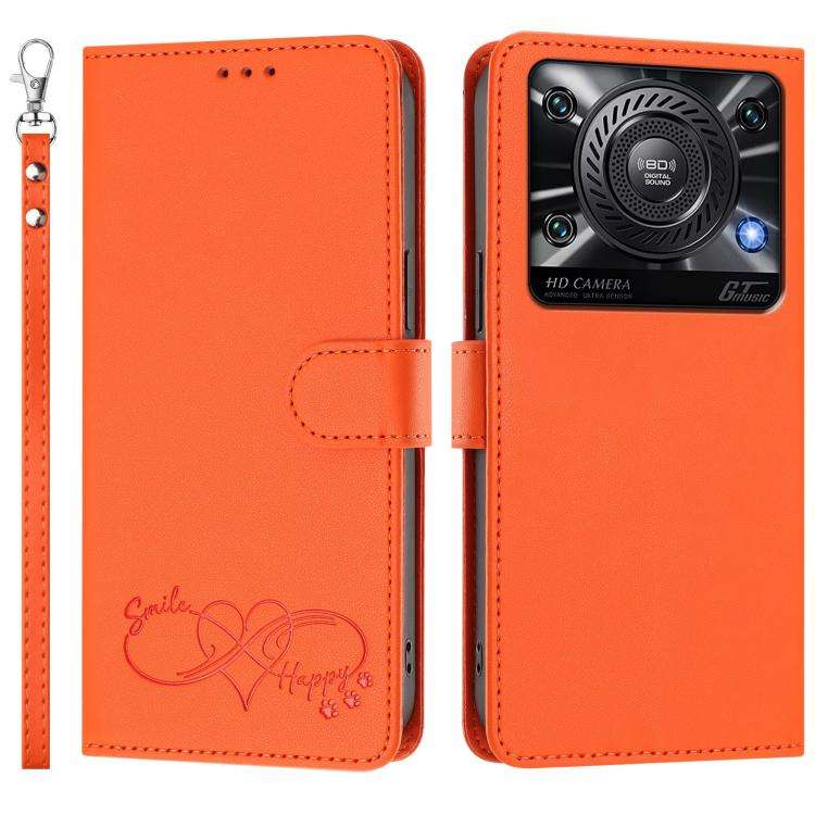 For Oukitel C60 Happy Heart Pattern Magnetic Closure Vegan Leather Phone Case with Wrist Strap(Or...