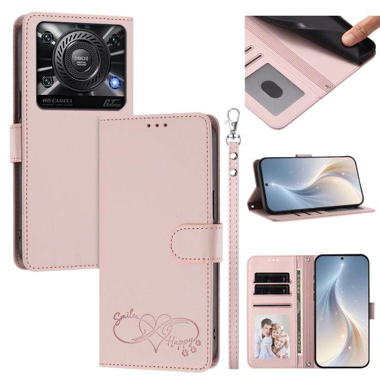 For Oukitel C60 Happy Heart Pattern Magnetic Closure Vegan Leather Phone Case with Wrist Strap(Pink)