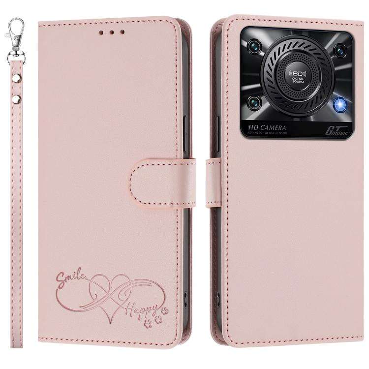 For Oukitel C60 Happy Heart Pattern Magnetic Closure Vegan Leather Phone Case with Wrist Strap(Pink)