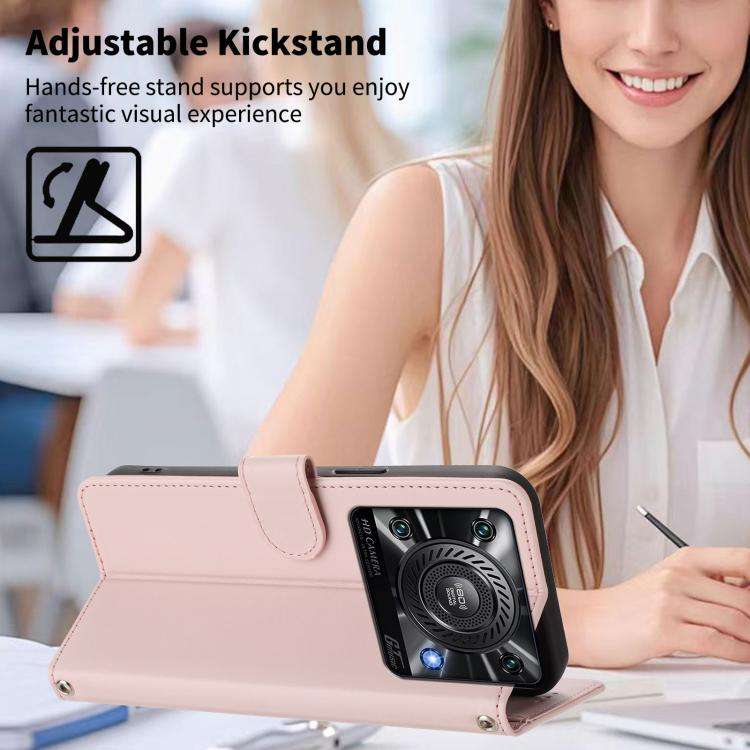 For Oukitel C60 Happy Heart Pattern Magnetic Closure Vegan Leather Phone Case with Wrist Strap(Pink)