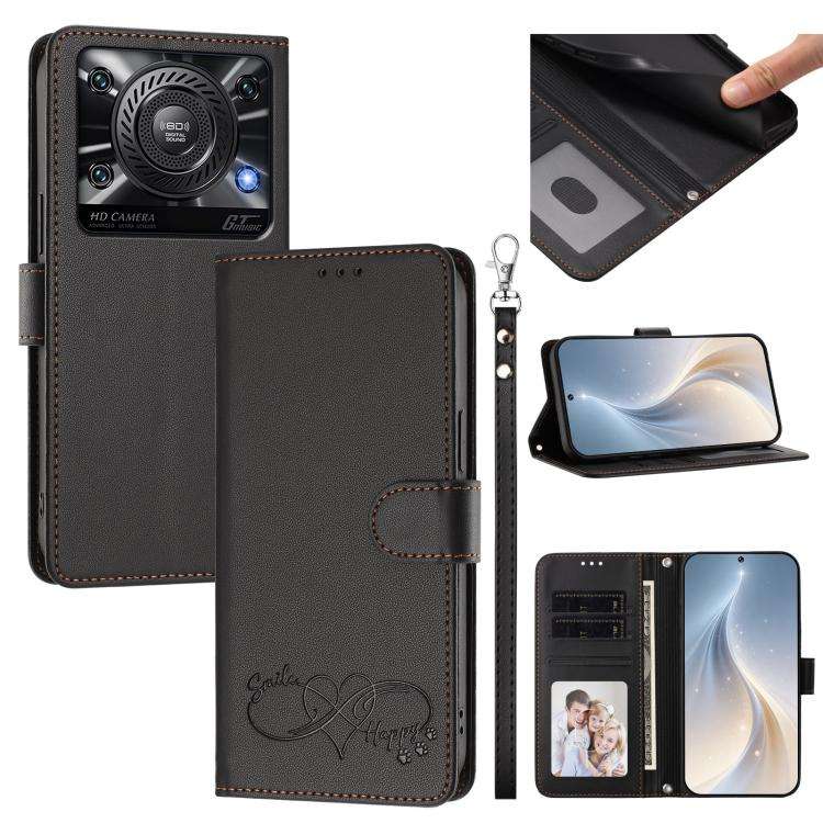 For Oukitel C60 Happy Heart Pattern Magnetic Closure Vegan Leather Phone Case with Wrist Strap(Bl...