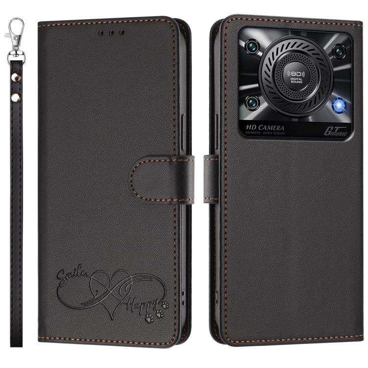 For Oukitel C60 Happy Heart Pattern Magnetic Closure Vegan Leather Phone Case with Wrist Strap(Bl...